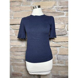 Banana Republic Women’s Navy Blue Knit Top XS Bell Sleeve Pom Pom Trim Pullover